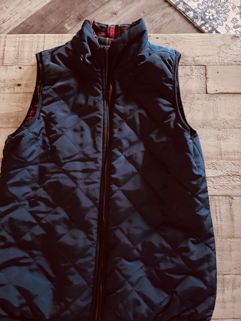 Navy Quilted Puffer Vest with Red Plaid Lining